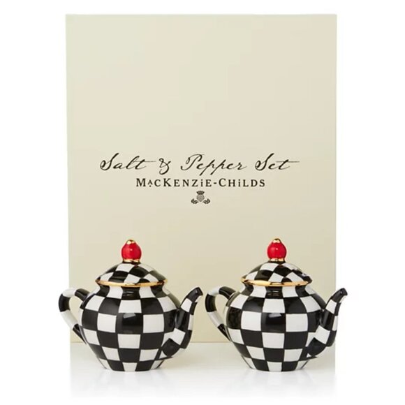 MacKenzie-Childs Courtly Checks Teapot Salt & Pepper Shaker Set New in Box - Picture 1 of 2
